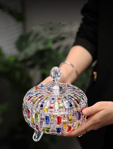 Large Hand Painted Colorful Crystal Glass Candy Jar with Lid - 24 oz Storage Container
