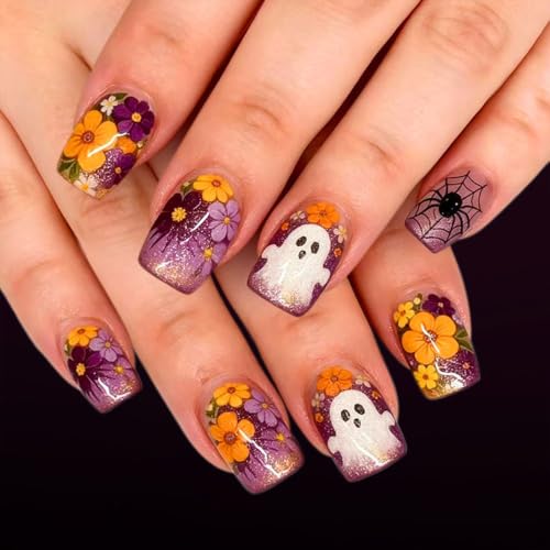Halloween Short Square Fake Nails with Ghost & Flower Designs - 24 Pcs Plus Variation 25