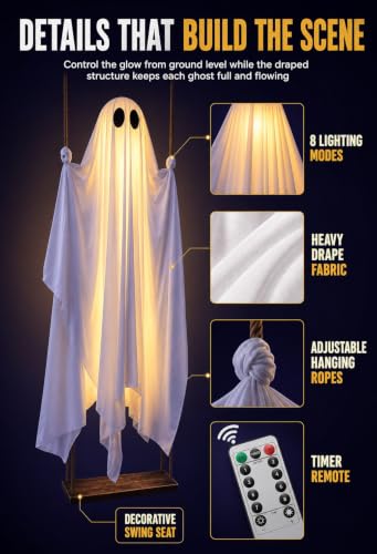Ghost on a Swing Decoration Set with Ropes - White Family Halloween Outdoor Porch