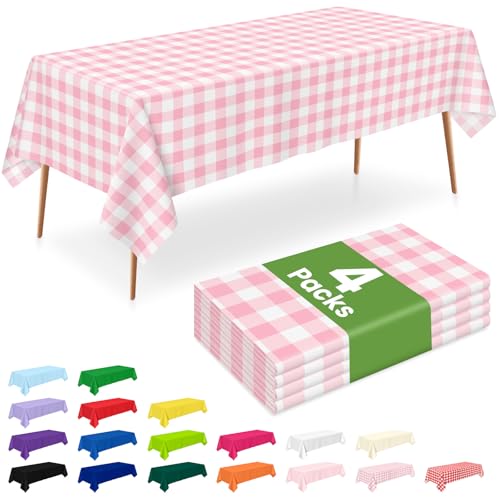 Disposable Pink Gingham Tablecloth 54 x 108 Inches - 4 Pack for Rectangular Tables