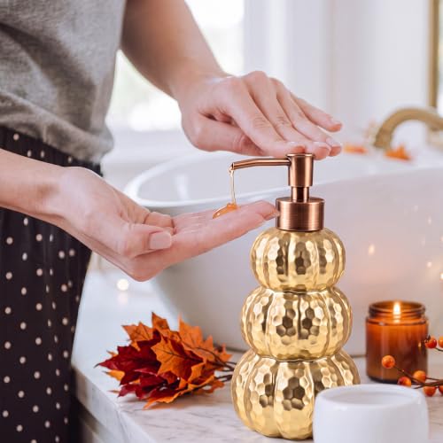 Gold Pumpkin Soap Dispenser - Fall Ceramic Bathroom Decor, Refillable 8.27in