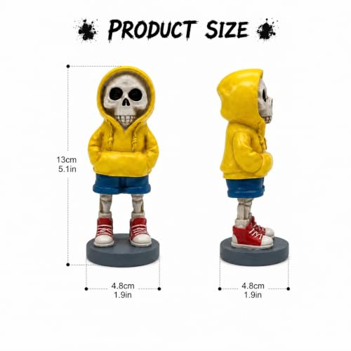 Yellow Hoodie Skeleton Figurine Decor - 5.1 Inch Gothic Halloween Shelf Statue