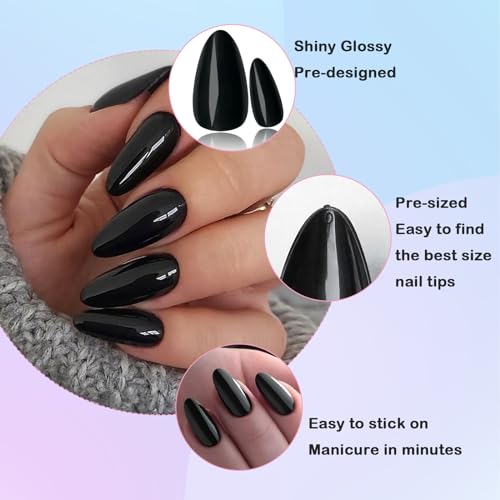 Black Almond Press-On Nails Set - Short Stiletto Fake Nail Tips for Manicure