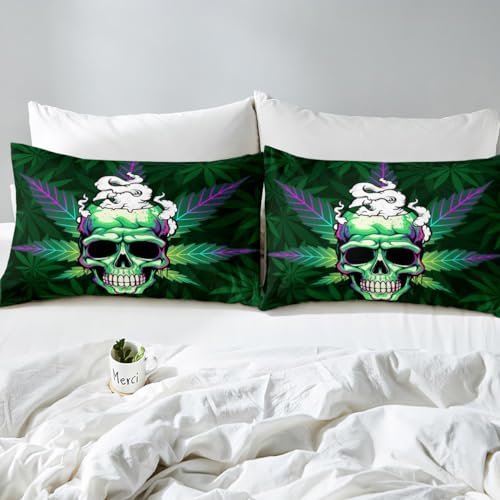Leaves Bed Sheets Set - Green Sugar Skull Pattern Queen Size Multi 13