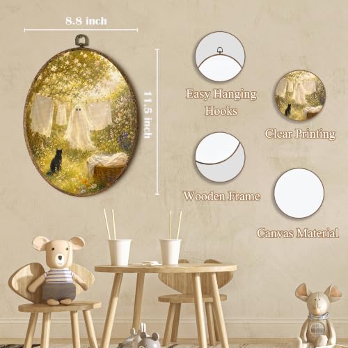 Ghost Wall Art - Oval Canvas Decor with White Ghost Design - 8.5x11.5 Inches
