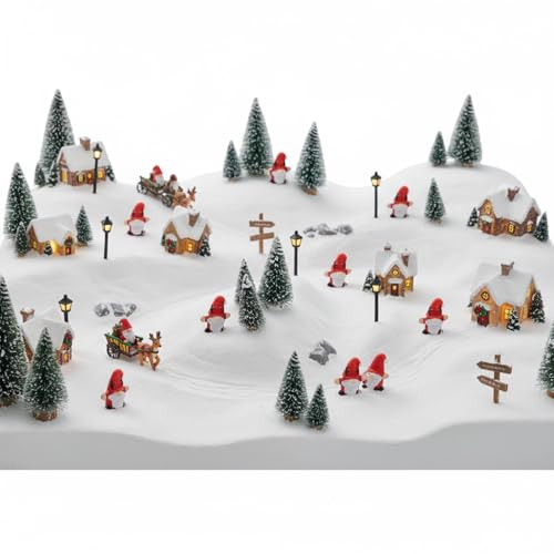 Mini Christmas Gnome Figurines with Deer - 60 Pcs Holiday Village Decorations