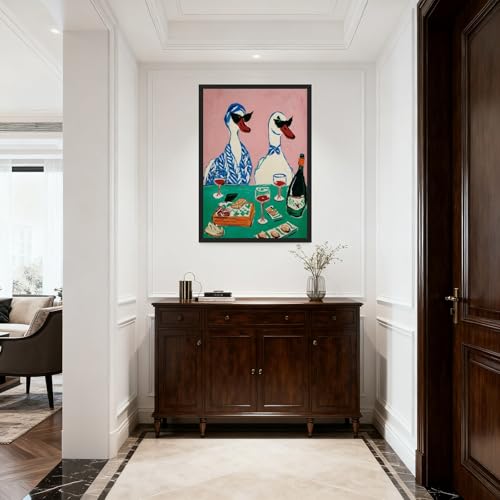 Duck Wine Party Canvas Wall Art 12x16 Inch Framed Animal Poster Nursery Decor Quirky Animal Art