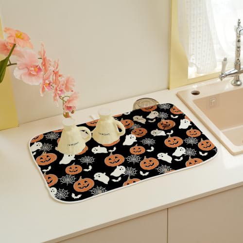 Halloween Pumpkin Ghost Spider Web Dish Drying Mat 18 x 24 Inch Black Spooky Cartoon Print - Pack of 1