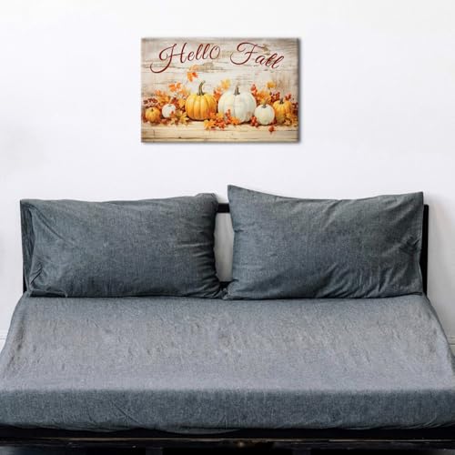 Rustic Fall Pumpkin Wall Art - Hello Fall Canvas Print with Maple Leaves, 16"L x 12"W