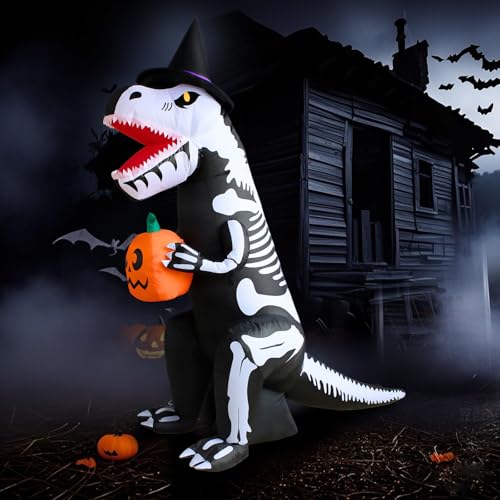 7FT Inflatable Dinosaur Skeleton Halloween Yard Decoration with Pumpkin & LED Lights