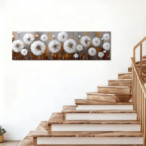 Dandelion Wall Art Canvas - Rustic Farmhouse Floral Decor 48"L x 14"W - White Flower