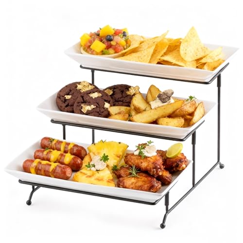 White 3-Tier Serving Tray Stand - 12 Inch Rectangular Platters with Variation in Black, 15.9" x 11.7" x 9.1"