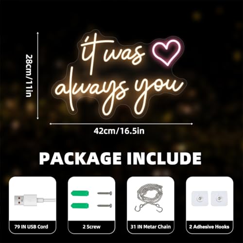 It Was Always You Neon Sign for Anniversary Wedding - Warm White, 16.5x11 Inch, Dimmable, USB Powered (Variation: It Was Always You)