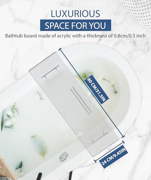 Ezcasch Acrylic Bathtub Tray Bathtub Tray Caddy Bath Tray Table for Tub Luxury Spa with Book and Wine Glass Holder Bathroom Accessories for Decorative Bathtubs, Transparent 31.5inch