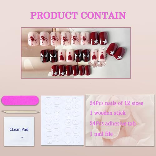 Halloween Short Red Press On Nails with Spider Design - Reusable Acrylic Fake Nails Style25