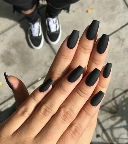 Coffin Black Velvet Matte Fake Nails - Long Press On Nails, 12 Sizes, Variation 07