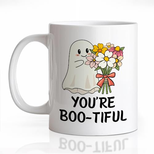 Funny Boo-tiful Ghost Halloween Ceramic Coffee Mug for Women - Beige & Multi