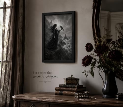 Moody Gothic Witch and Crow Wall Art - Framed Halloween Seaside Cliff Decor 10x8