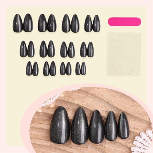 Press On Nails Medium Almond Black Cat Eye - Style-25, 24 Pieces
