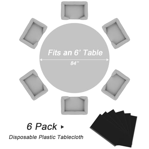 Disposable Black Round Plastic Tablecloth 84 Inch - 6 Pack, A1 Variation