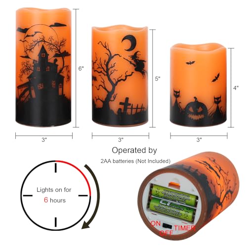 Orange Halloween Flameless Candles with Timer - 3 Pack Real Wax Pillars for Home Decorations