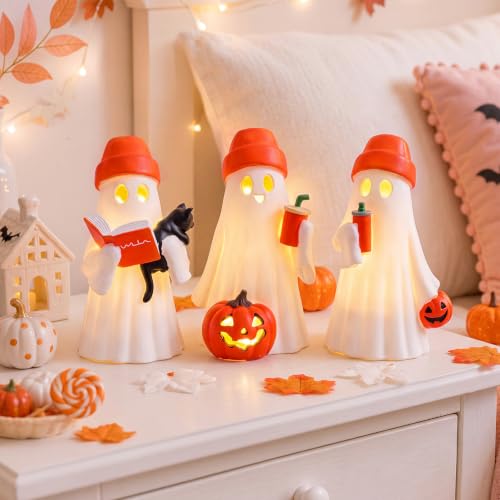 Eaasty 3 Pack Halloween Light Up Ghost Figurines with Orange Hats - Indoor Decor