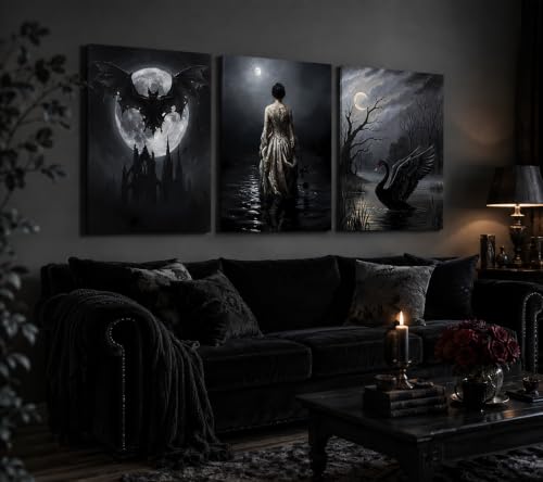 Gothic Wall Art Set of 3 - Victorian Dark Woman, Bat & Swan Prints, Unframed 24x16 inches - Moody Home Decor