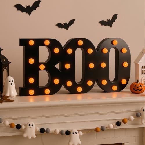 Indoor Halloween Wooden Boo Sign - 13 Inch Light Up Letters Decor