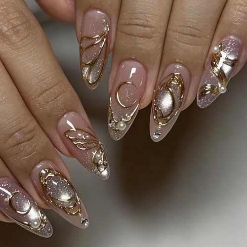 Medium Almond Glitter Press On Nails with Gold Moon Butterfly Design - 30Pcs - Variations of THIS listing