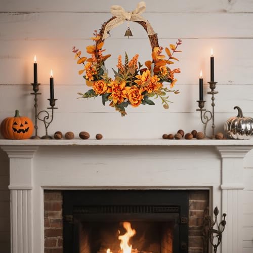 Artificial Fall Wreath with Orange Flowers, Bell & Bow for Front Door - Autumn Decor, Variation: Orange