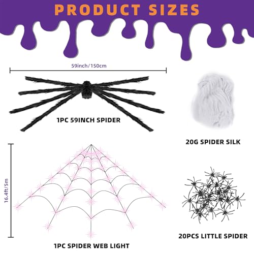 Purple Halloween Spider Web Light Decorations with 59-Inch Giant Spider