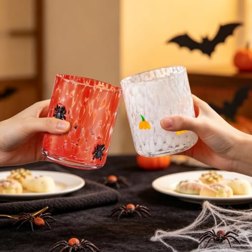 Halloween Icon Juice Glasses Set - 2 Pcs 16 oz Fall Drinking Cups - Orange Pumpkin & Black Spider
