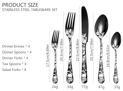 Halloween Skeleton Flatware Set for 4 - 20-Piece Stainless Steel Cutlery with Color Variations