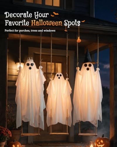 3-Pack Swinging Ghost Halloween Decorations Outdoor - 4.5-7.2 FT Adjustable, Light-Up Ghosts with Swaying Fabric