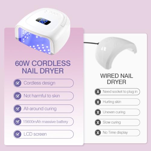 White Cordless UV LED Nail Lamp 60W Rechargeable Nail Dryer with Auto Sensor & 4 Timer Modes