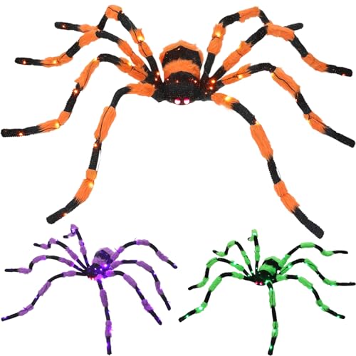 Giant Orange Spider Halloween Decoration 60” Lighted Prop with Red Eyes & LED Lights