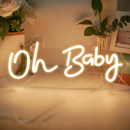 Warm White Oh Baby Neon Sign for Baby Shower & Gender Reveal Backdrop - 16.5x6.9 Inches Dimmable LED Light