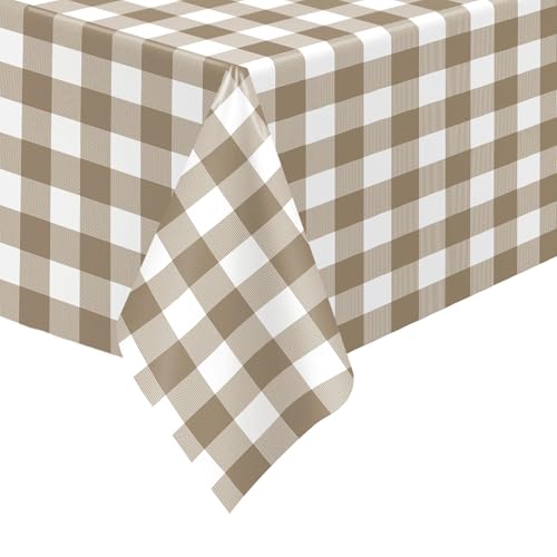 Khaki and White Gingham Disposable Tablecloths 54x108 Inch - 4 Pack