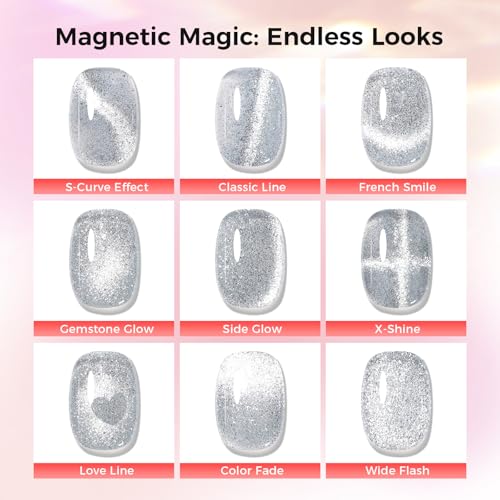 Blue Sparkle Cat Eye Gel Nail Set - No Base or Top Coat Needed, Magnetic Effect