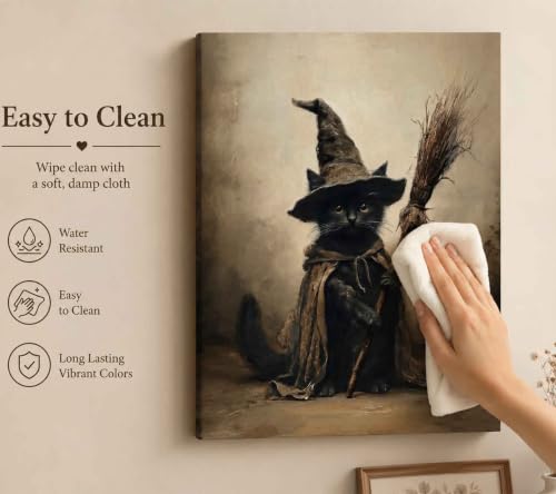 Wizard Black Cat Wall Art Canvas - Halloween Gothic Animal Decor 16x12in