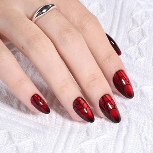 Red Cat Eye Press On Nails - Spider Web Short Almond Design - Variation 08D-Spider