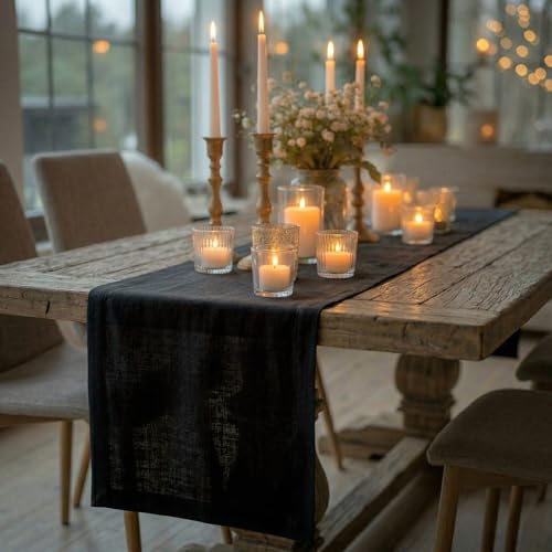Pure Linen Table Runner Black 14 x 108 in - Solino Home Diana Variation