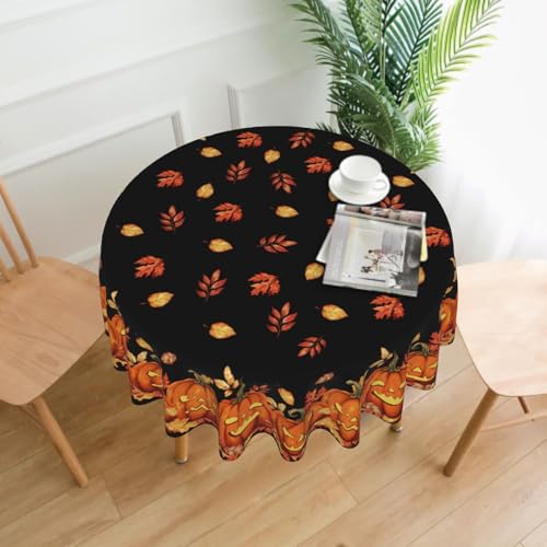 Halloween Round Tablecloth 60 Inch Spooky Pumpkin Leaves Water-Resistant Decor