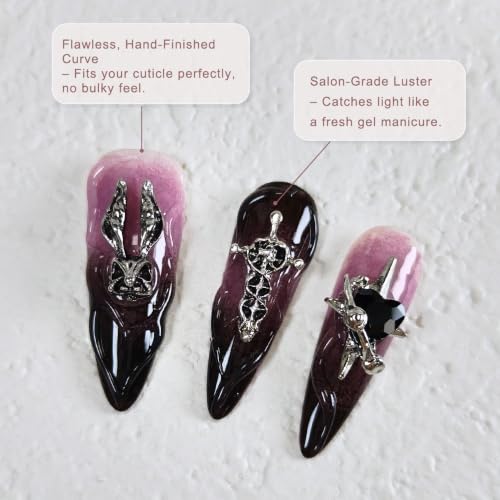 Pink and Black Gothic Stiletto Nails with 3D Cross & Charms - Long Press-On Set (L)