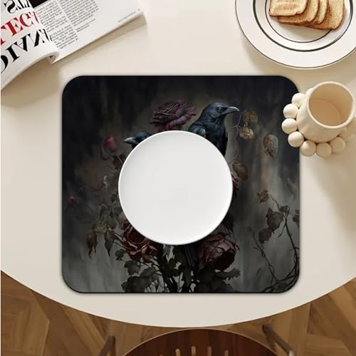Dark Academic Black Crow Dish Drying Mat - Halloween Raven Kitchen Counter Protector with Variation Black Crow2