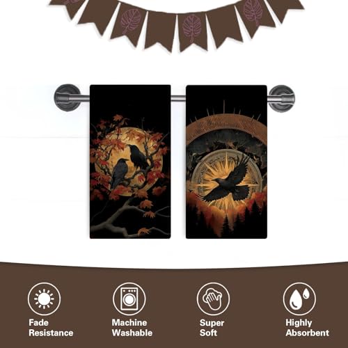 Dark Academia Gothic Black Raven Kitchen Dish Towels Set of 2 - Home Decor