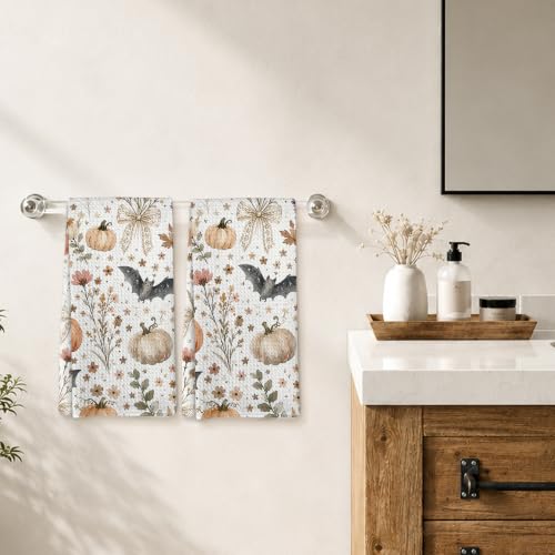 Fall Pumpkin Bat Floral Kitchen Tea Towels Set of 2 - Autumn Halloween Decor, 16x24in, Variation: Fall Pumpkin 18