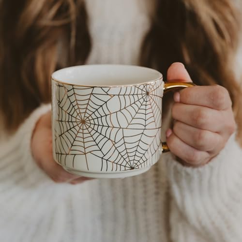 Halloween Spiderweb Mug with Gold Handle - 14oz Bone China Coffee Cup, Fall Seasonal Decor - Gold Spiderwebs Variation