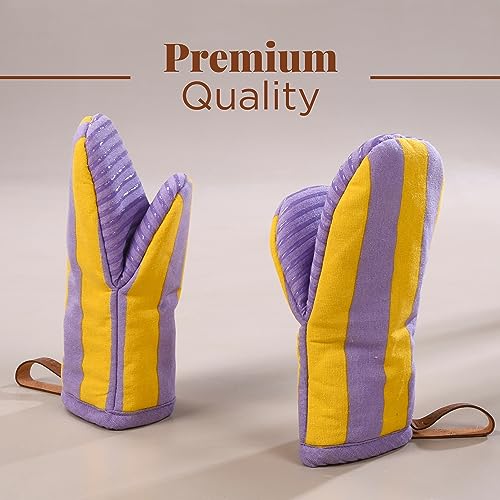 Mini Silicone Oven Mitts Set of 2 - Heat Resistant, Non-Slip Grip, Purple & Yellow Striped - Viola Variation