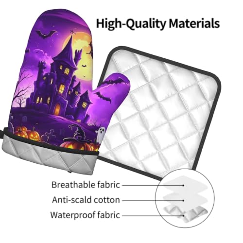 Halloween Purple Castle Oven Mitts and Pot Holders Set - Witch Bat Ghost Heat-Resistant Kitchen Gloves, 11"L x 7"W